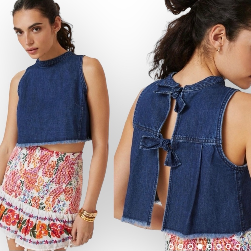 Pilcro Dark Blue Denim Crop Top with Back Ties